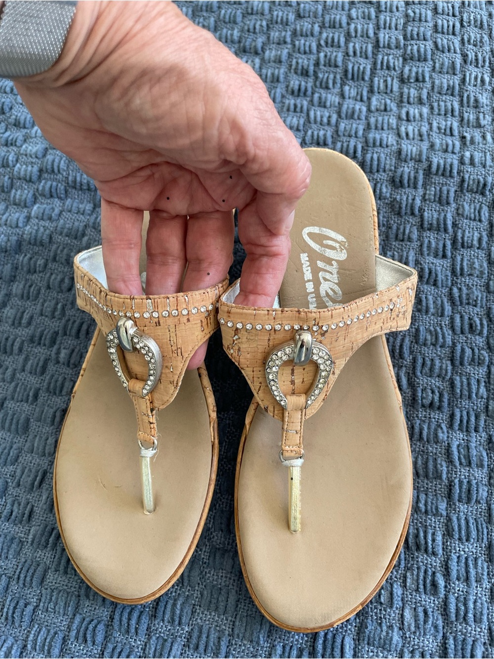 Onex Cork-Textured Tan Thong Sandals with Rhinestone Heart Loop